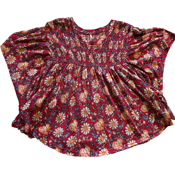 Free People Womens Top Size S Red Floral Linen Cotton Smocked Flutter Sleeves - Picture 1 of 5